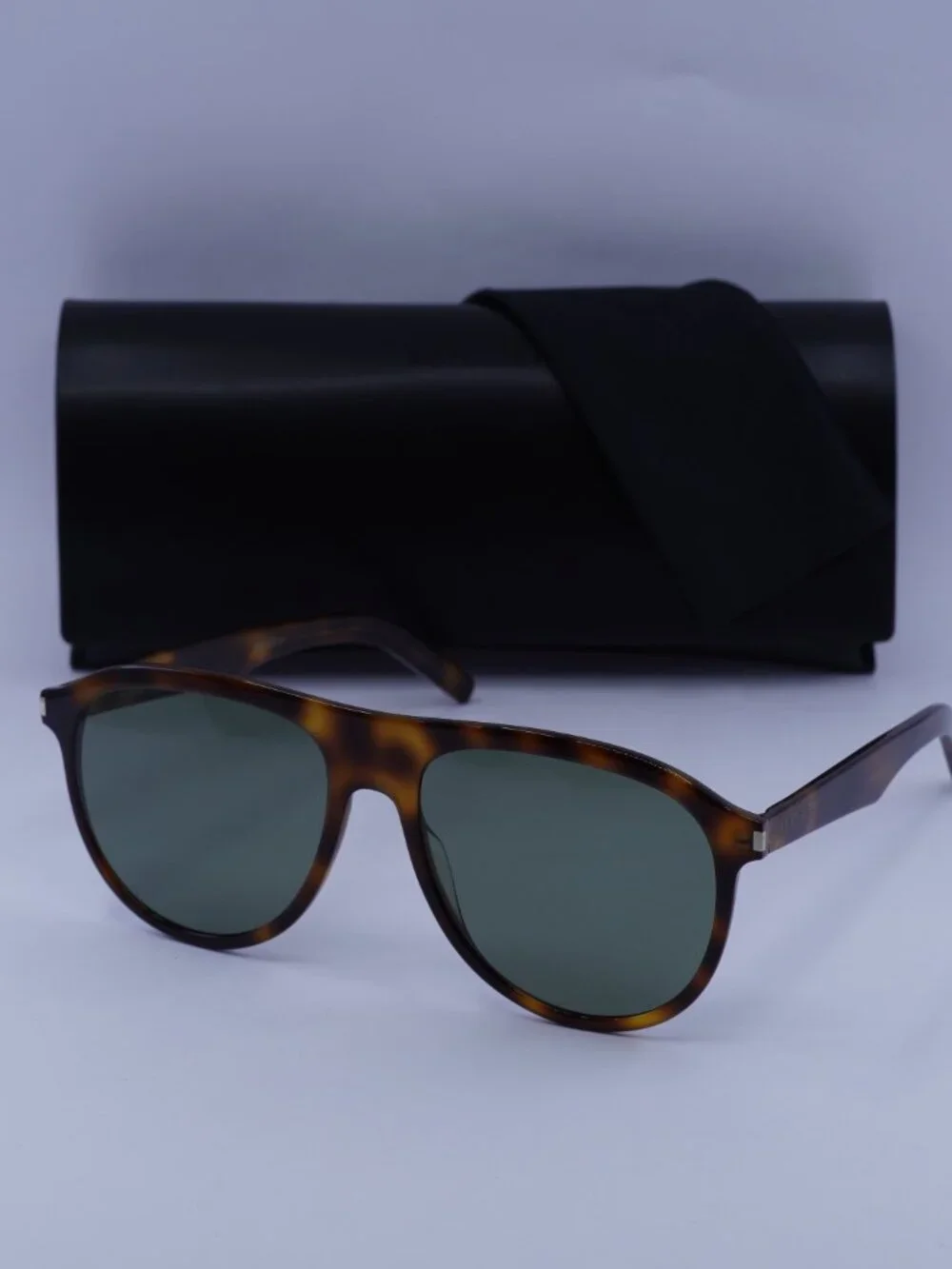 Saint Laurent SL432 SLIM 002 Sunglasses Havana Aviator Frame, Green Lenses